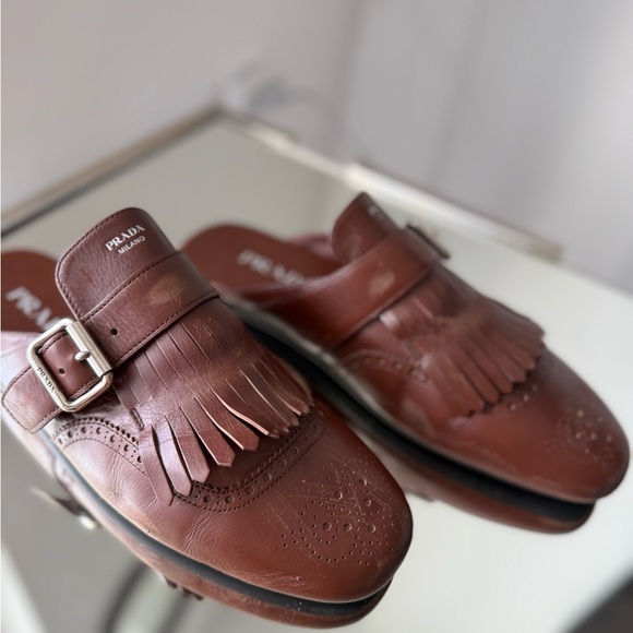 Worn once PRADA Brown Leather Fringed Shuffle Mules $1,250 41 - Picture 10 of 13